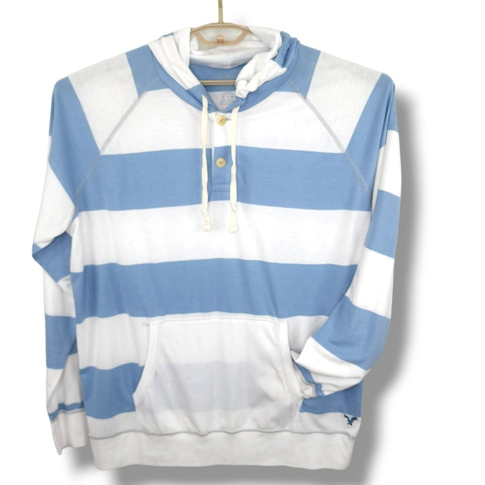 Men's AEO American Eagle Hooded Pullover Jersey Blue White Striped Size XXL